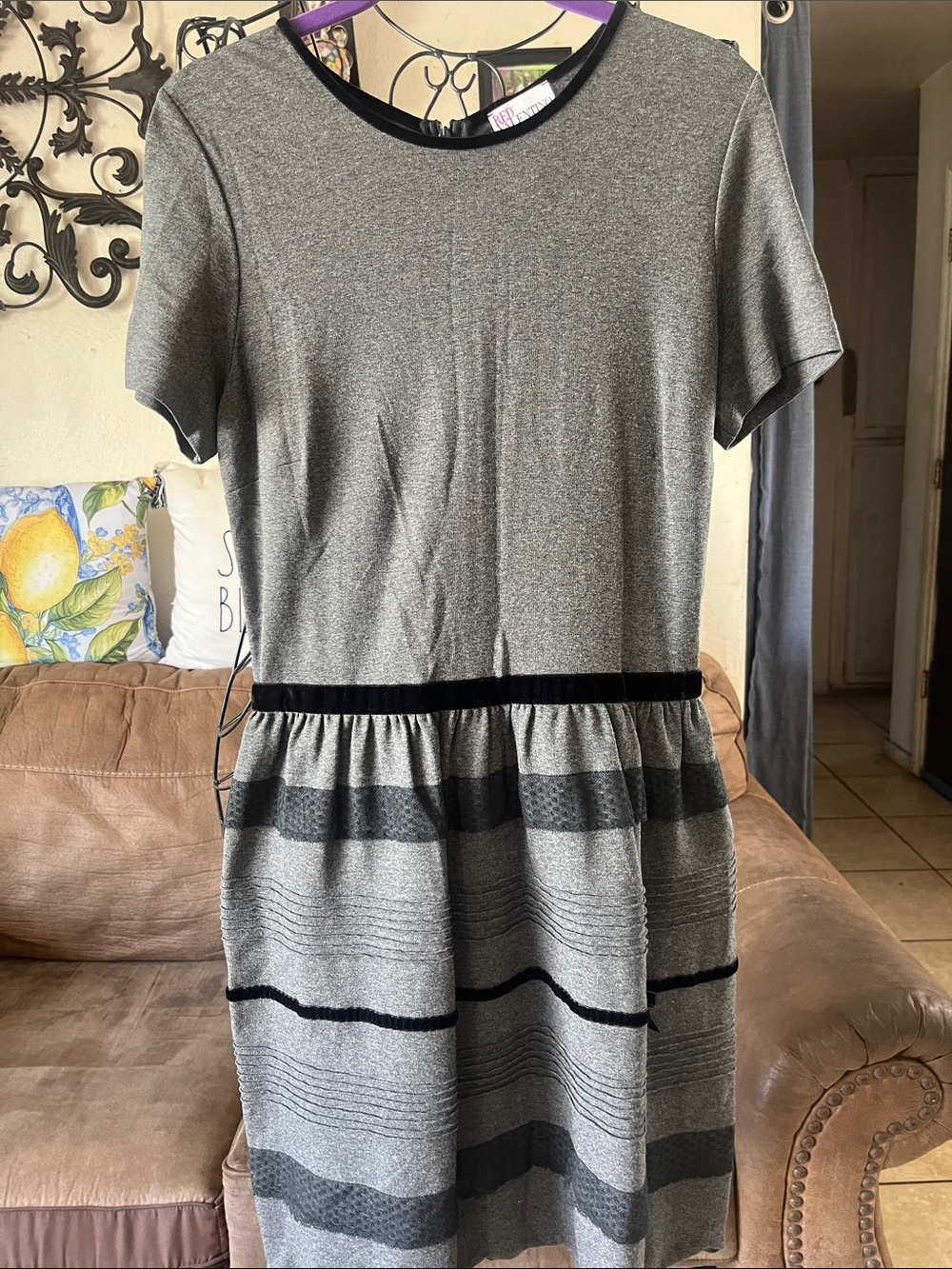 RED Valentino Gray Short-Sleeve Midi Dress with Black Trim